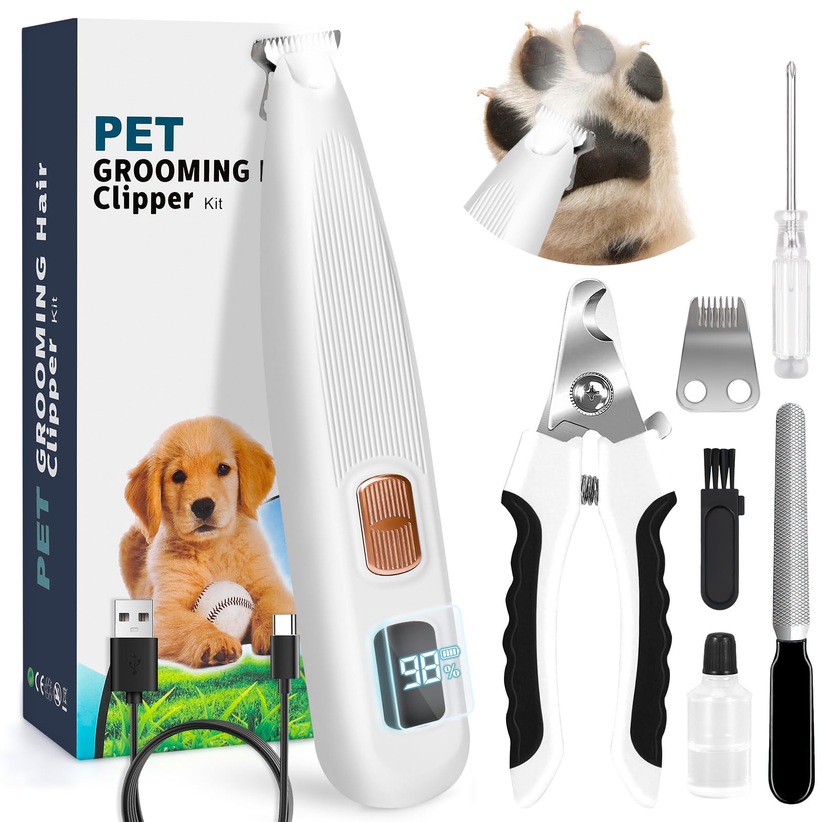 Dog Paw Trimmer with LED Light, Paw Trimmer for Dogs 0.8inch/20mm Wide Blade, Pet Hair Grooming Kit with Dog Nail Clipper