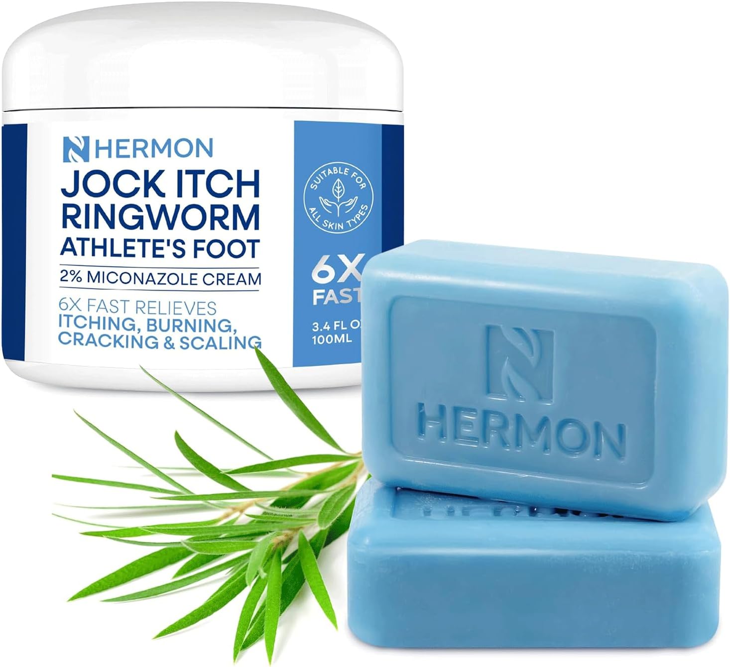 Hermon Jock Itch Antifungal Treatment Kit: Relief for Ringworm, Athlete’s Foot, Tinea Versicolor - Body & Foot Fungus Care Set for Men & Women 100g Cream + 2 Bar Soap
