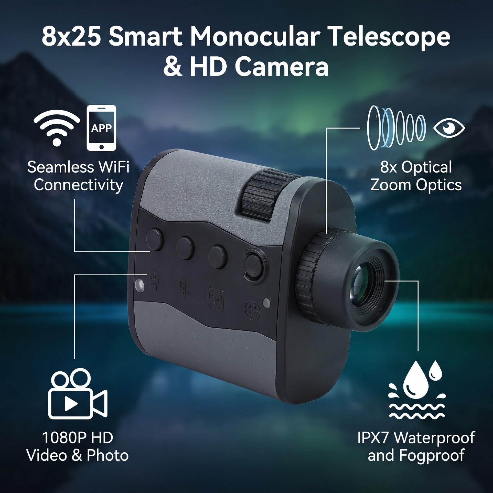 Monoscope 8x25 avec Caméra 1080P WiFi, étanche IPX7, pour