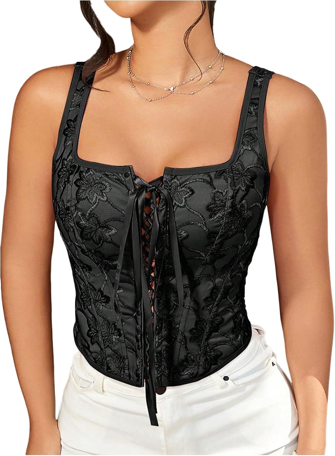 GORGLITTER Women's Floral Corset Embroidered Lace Up Square Neck Crop Tank Top