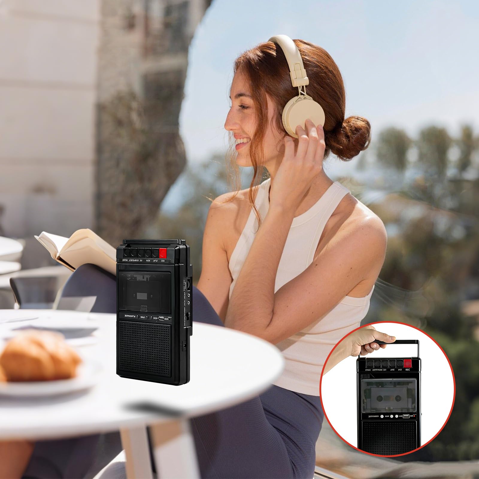 Lecteur de cassette rétro portable, lecteur de cassette Bluetooth avec fonction d'enregistrement, numérisation de cassettes via USB et audio, lecteur de cassette mobile avec double alimentation