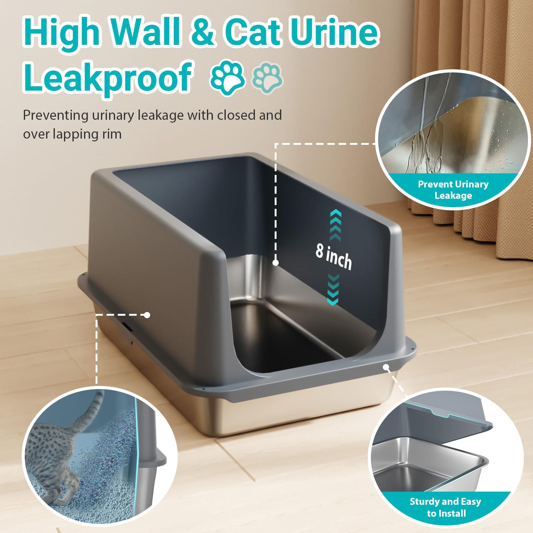 LIHONG Stainless Steel Litter Box with Lid, XL Metal Cat Litter Tray for Indoor Cats, Enclosure Cat Litter Pan for Large Cats, Non-Sticky Large Kitty Litter Box, Anti-Leakage, 23.5" X 15.6" X 12" - image 2