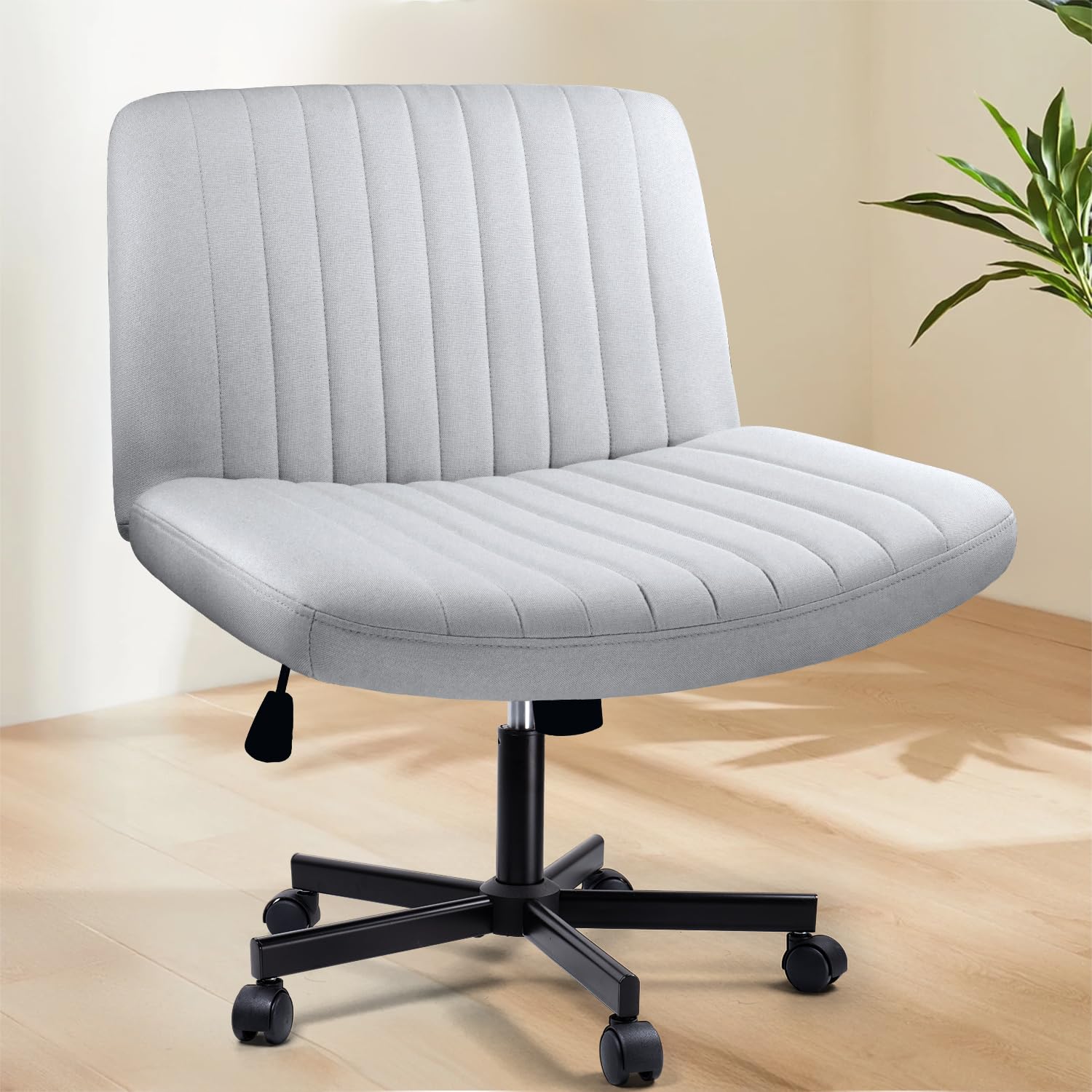 Criss Cross Chair with Wheels, Cross Legged Office Vanity Chair with Wheels, Comfortable Grey Vanity Chair with Back, PU Leather Armless Wide Swivel Criss Cross Desk Chair for Home Office