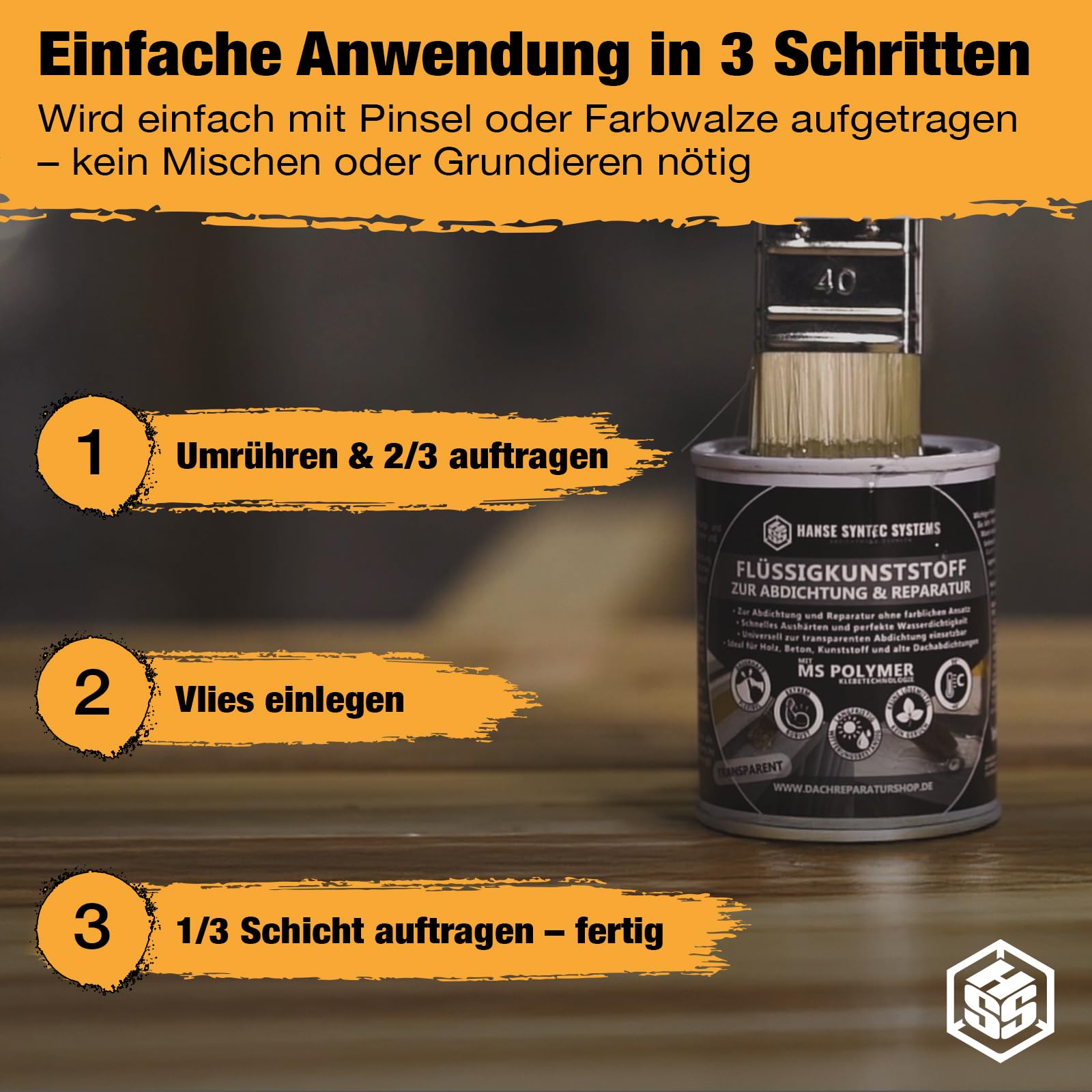 HSS Flüssigkunststoff Abdichtungsset inkl. Pinsel & Vlies – UV- & witterungsbeständig – MS-Polymer – lösungsmittel- & bitumenfrei – Schwarz – 1 kg für ca. 1 m²