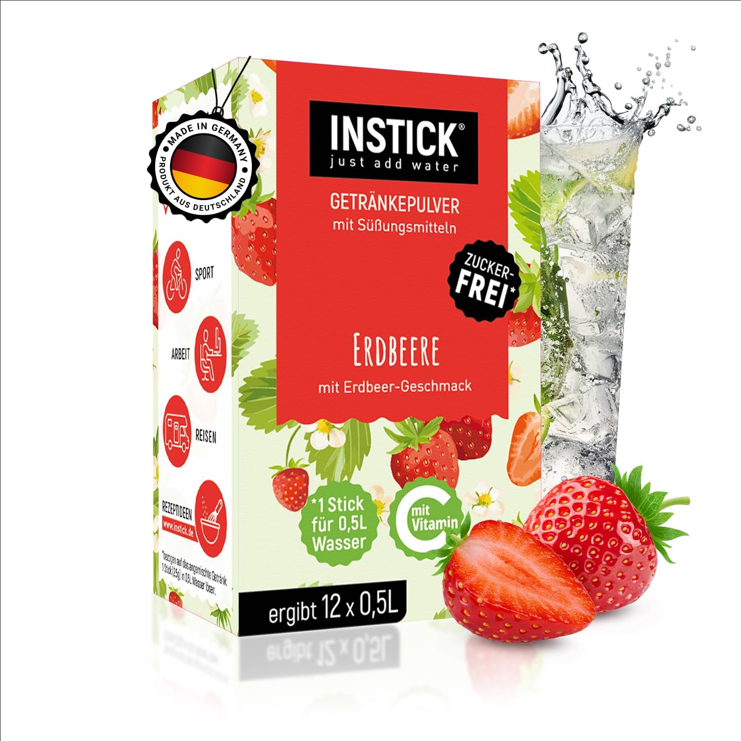 INSTICK | Sugar Free Instant Drink with Strawberry Flavour - 12 Sticks for 0.5 l Each