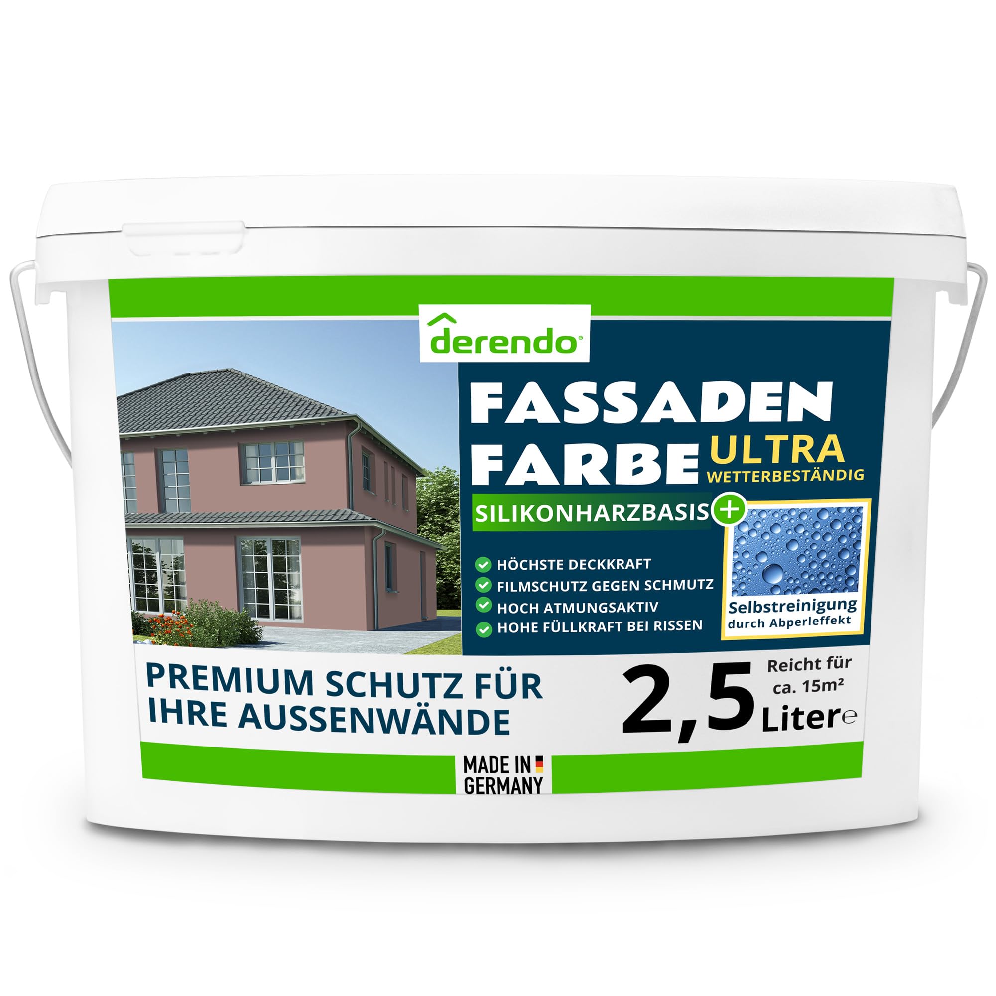 derendo Fassadenfarbe Braun ULTRA Silikonharzfarbe Schokobraun aussen 2,5l | Für Putz Beton, Abperleffekt, wasserabweisend, UV-beständig, hohe Deckkraft, rissfüllend, diffusionsoffen, Made in Germany,