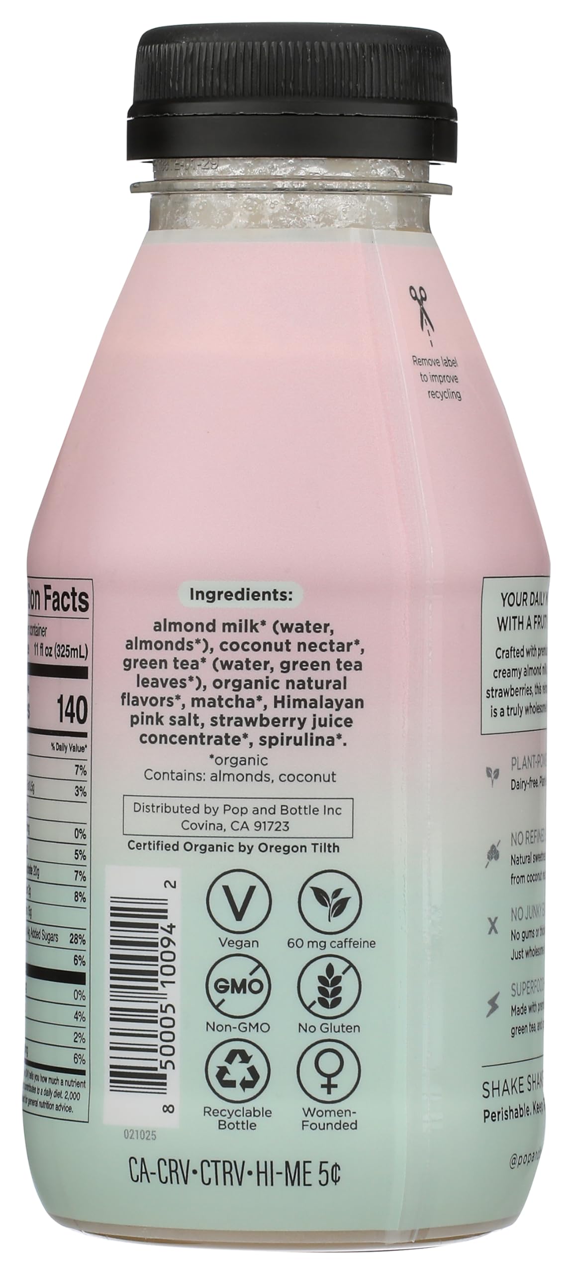 POP AND BOTTLE Organic Strawberry Matcha Almond Latte 11 FZ — view 3