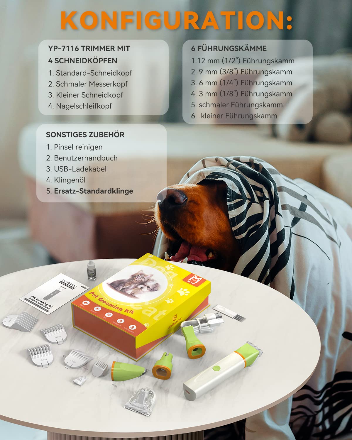 Unibono Leise Hundeschermaschine Katzenrasierer Komplett-Set, Wiederaufladbar Hund Katze Schermaschine wit 4 Multifunktions-Schneidköpfen für Pfoten, Augen, Ohren, Gesicht, Körper, IPX7 Wasserdicht