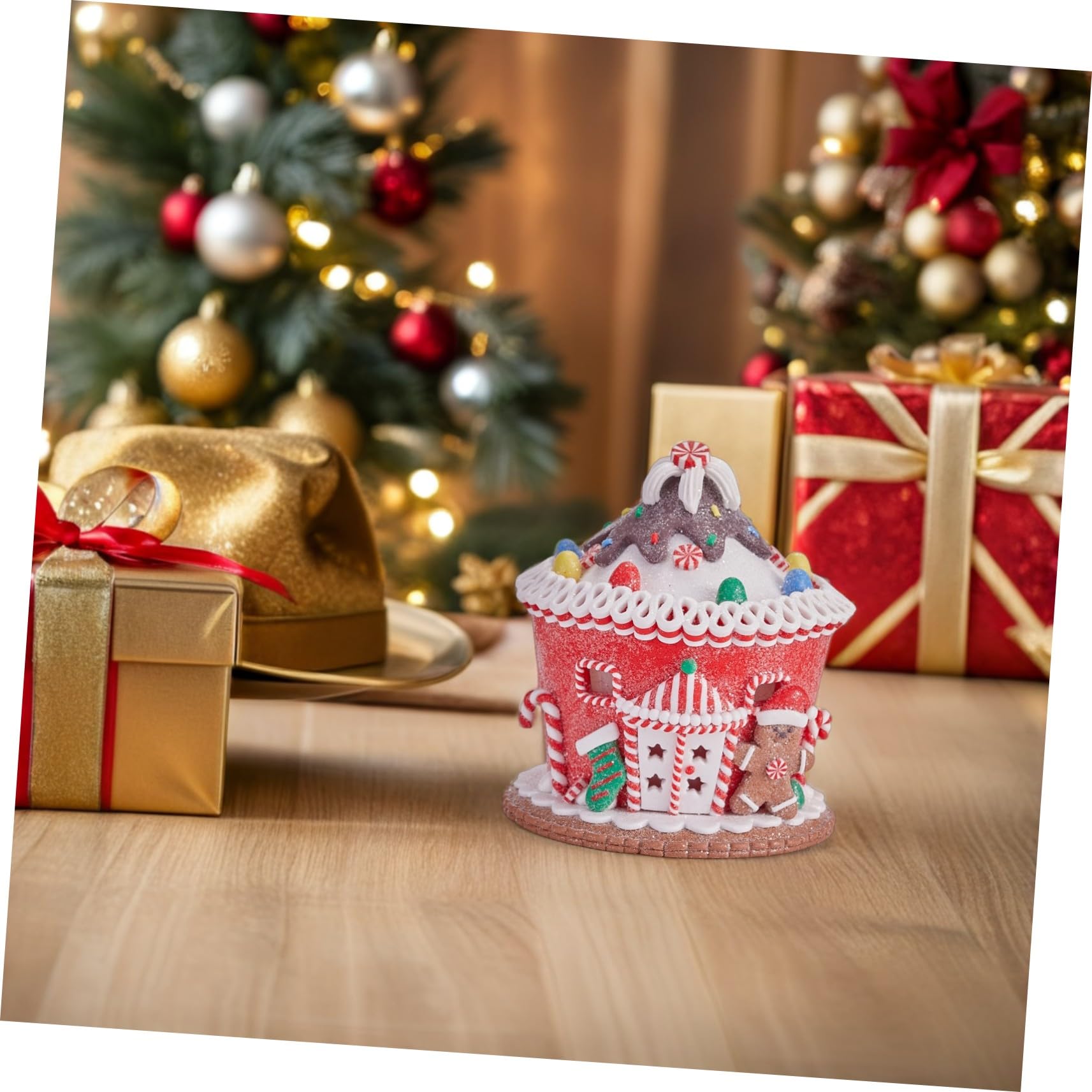 Figurilla Castillo de Galleta de Jengibre LED con Luz Escultura Navideña Pastel para Decoración de Mesa Navidad Adorno Festivo Versátil para Hogar y Oficina