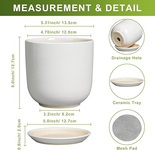 Miniatura 3 de Maceta de interior de 5 pulgadas, maceta redonda de cerámica para plantas suculentas con orificio de drenaje y platillo, decoración moderna del