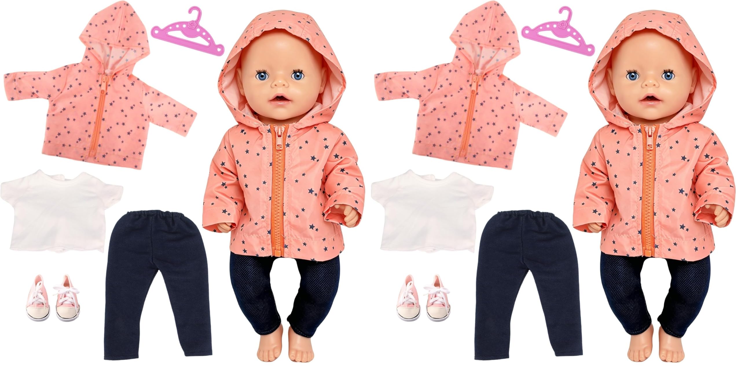 Vêtements de poupée 35-43 cm, 5 pièces Tenues de poupée avec Veste, t-Shirt, Pantalon, Chaussures et cintres, Accessoires pour poupées de bébé, garçons et Filles, Cadeaux (Lot de 2)