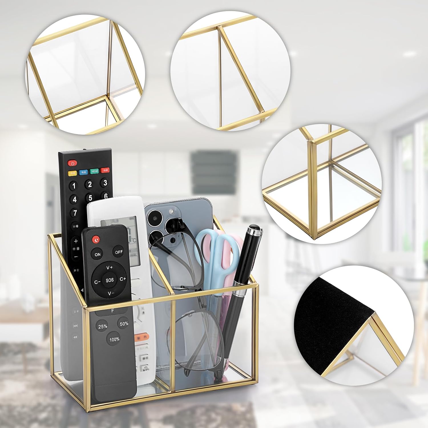 Sumnacon Glass Remote Control Holder,Gorgeous Remote Control Holder Caddy with 2 Compartments,Decorative Remote Control Storage Organizer Caddies for Table, Bedroom,Living Room