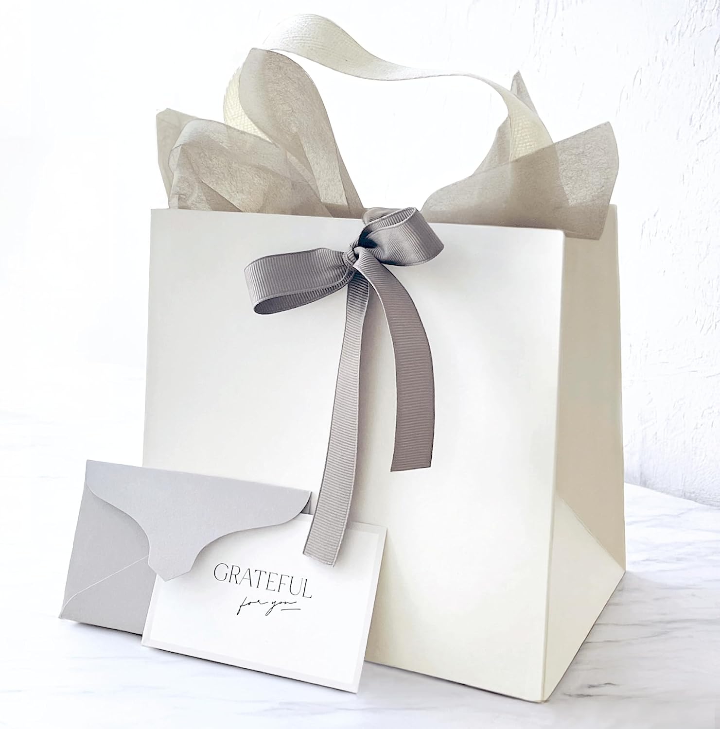 Luxury Gift Bag Packaging Set with Ribbon, Mini Card & Envelope, Sheer Wrapping Sheet – Natural Bamboo Pulp, Cotton Handle - Premium Gift Bag Box for Jewelry, Favors & Gifts, Special Occasions (Taupe Brown, Set of 1)