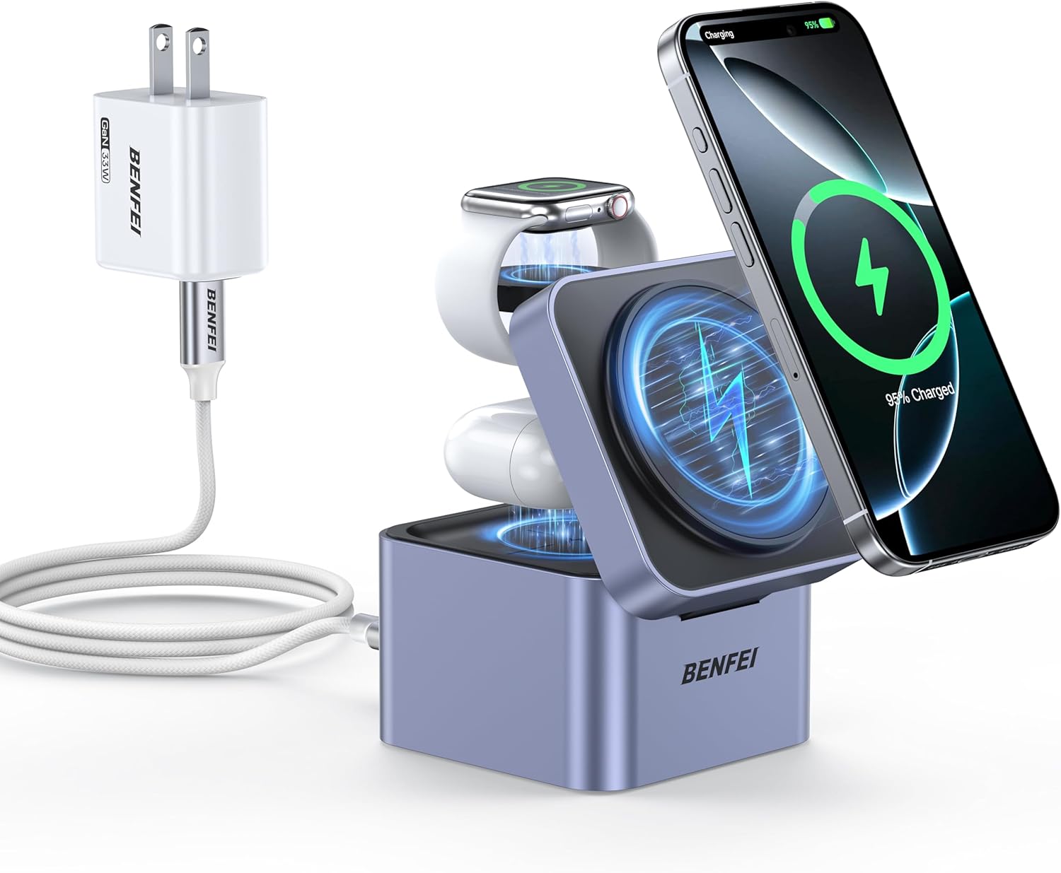 BENFEI 3-in-1 Foldable MagSafe Charger Stand with 33W Fast GaN Charger for iPhone 16/15/14/13/12 Series, Apple Watch & AirPods | Compact Cube Design | Includes 33W Power Adapter