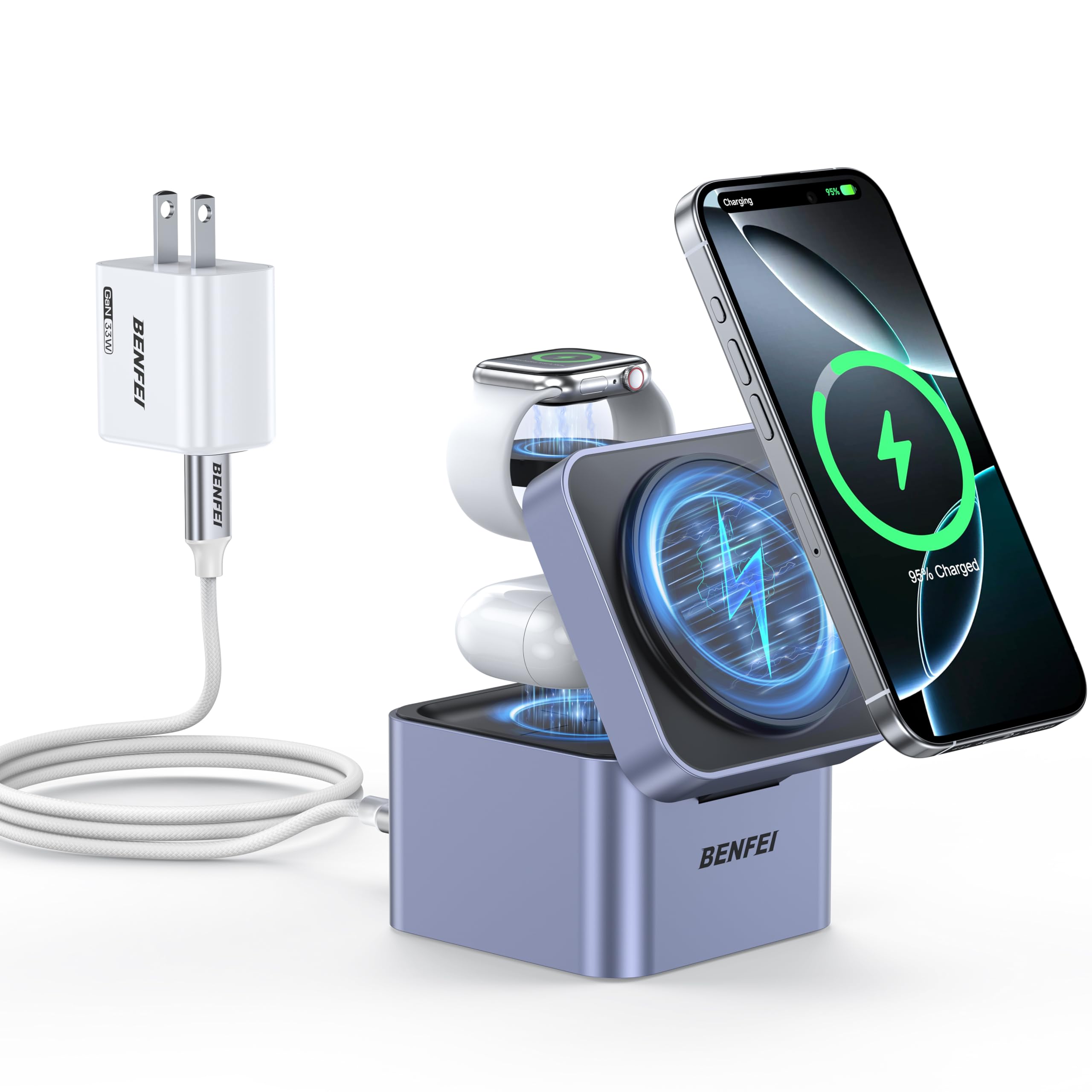 BENFEI 3-in-1 Foldable MagSafe Charger Stand with 33W GaN Fast Charger for iPhone 16/15/14/13/12 Series, Apple Watch & AirPods | Compact Cube Design | Includes 33W Power Adapter