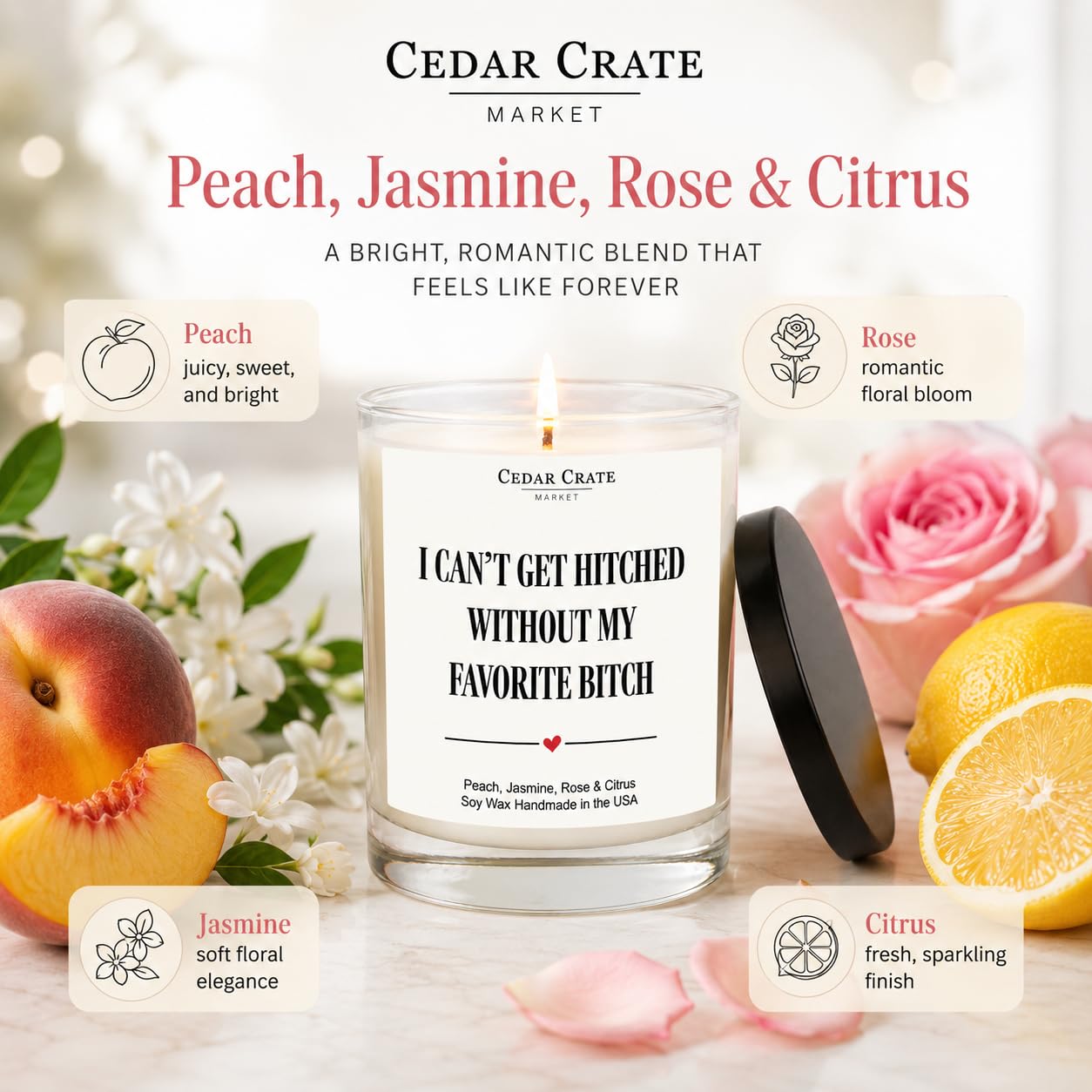 Candela di soia con scritta in lingua inglese "I Can't Get Hitched Without My Favorite B*tch" (lingua italiana non garantita), regalo divertente con scritta "Will You Be My MOH Gift from Bride