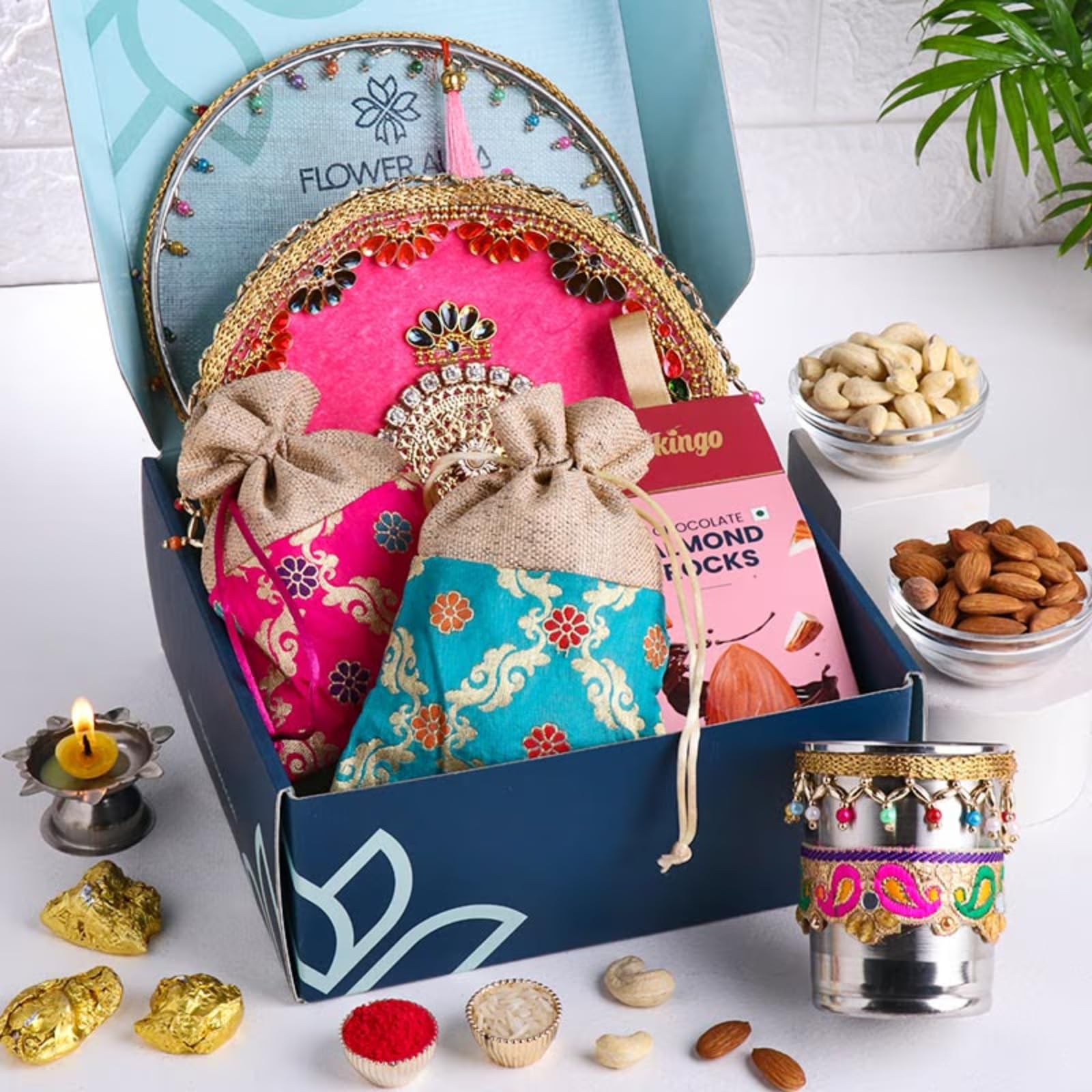 FlowerAura Tradational Handcrafted Karwa Chauth Thali Set With Steel Thali, Channi, Glass, Diya, Almond Rock, 100g Cashew & Almonds Potli In Box - Gift for Wife, Sister, Mother in Law, Friends (B0DHH588ZH) Amazon Price History, Amazon Price Tracker