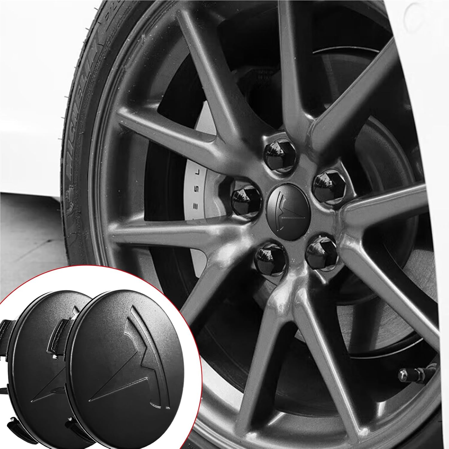 4 Pack Exterior Decoration Wheel Center Cover for Tesla Model 3 Model Y,56mm Hubcaps Wheel Rim Cover Tesla Center Caps Hubcaps+20 Black Lug Nut Covers (Matte Black+Matte Black Emblem)