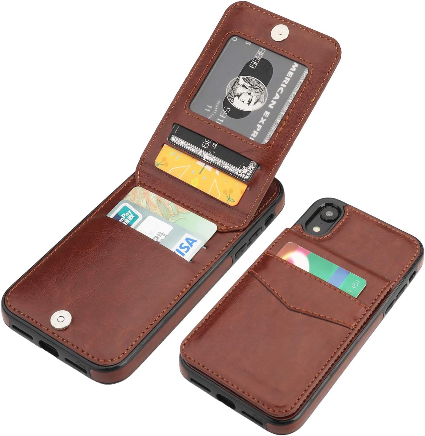 KIHUWEY Compatible with iPhone XR Case Wallet with Credit Card Holder, Premium Leather Magnetic Clasp Kickstand Heavy Duty Protective Cover for iPhone XR 6.1 Inch(Brown)