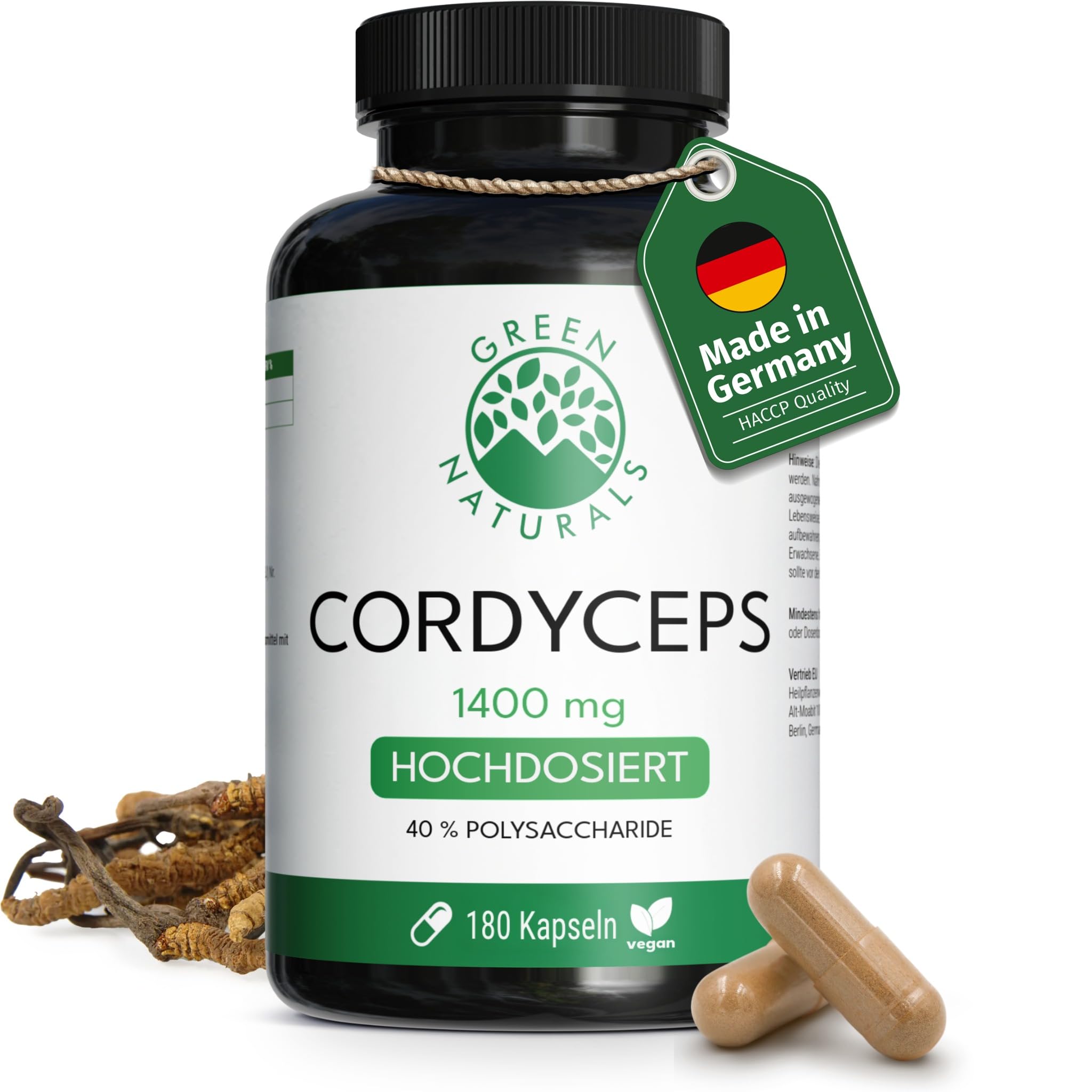 Green Naturals® Cordyceps Sinensis Kapseln – 1.400 mg Extrakt je Tagesdosis (10:1 = 14.000 mg) – 40% Polysaccharide standardisiert – vegan & ohne Zusatzstoffe – 180 Kapseln für 3 Monate