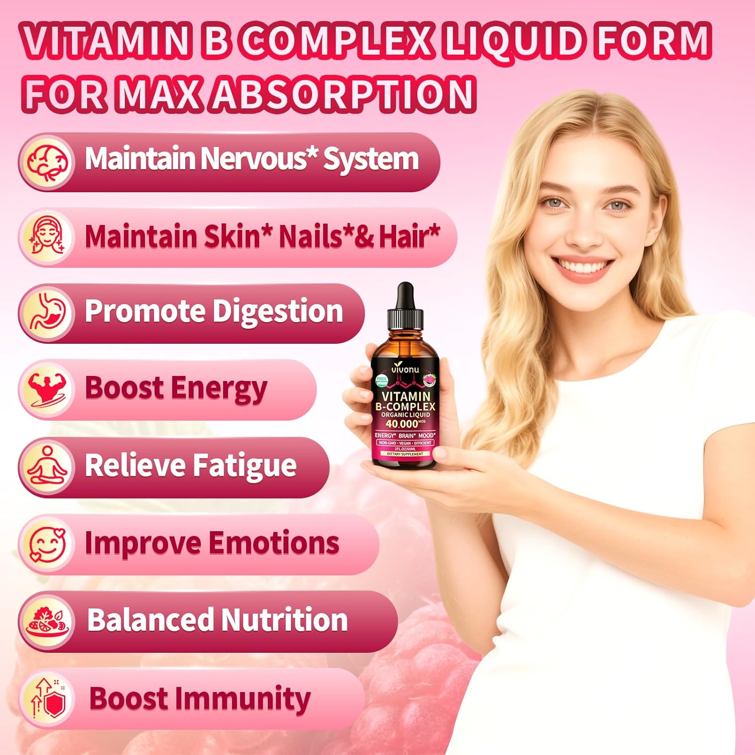 VivoNu Vitamin B Complex Liquid Drops, Methylated Vitamin B12 6000 mcg, B1, B6, B3, B5, B2, Folate, Biotin with Vitamin C D A E, Magnesium, Zinc, CoQ10 for Energy, Raspberry Flavor B Complex Vitamins - Image 2