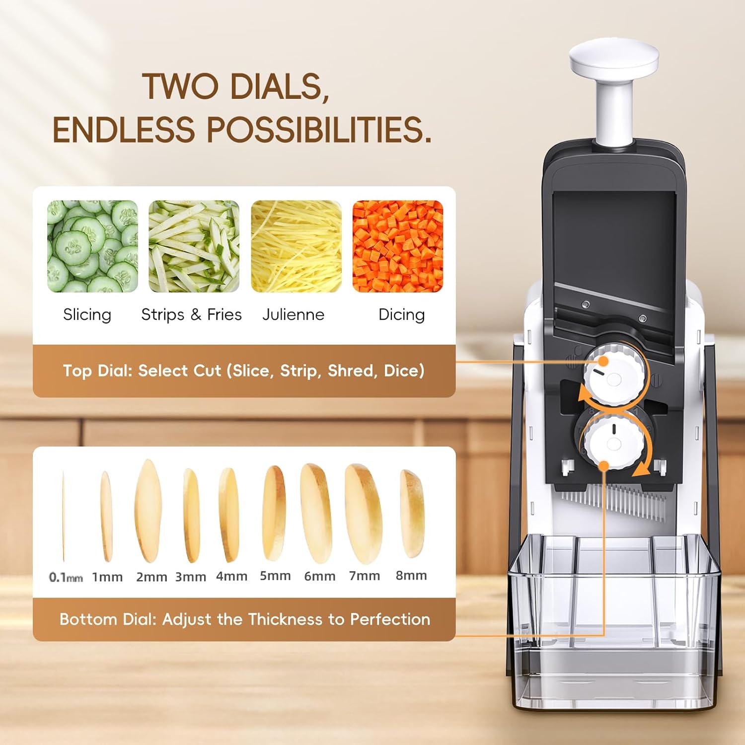 [7 in 1 ] Vegetable Slicer for Kitchen, Safe Mandoline Slicer, Adjustable Veggie Potato French Fry Cutter, Wider Tray & Stainless Steel Grater & Filter Basket & Lid & Cleaning Brush (Gray Pro)