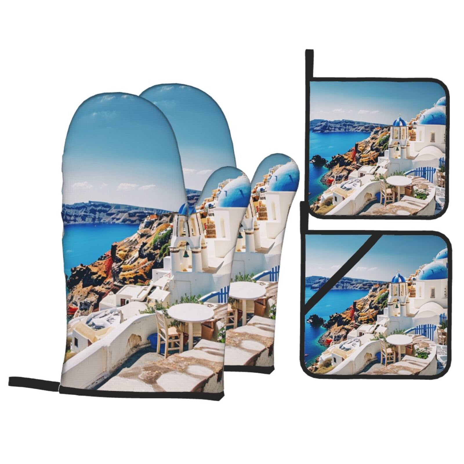 Santorini Greek Island sea View Printed Oven Gloves Potholders Set 4 PCS Heat-Resistant Oven Mitts & Hot Pads for Cooking Baking Grilling BBQ Gift