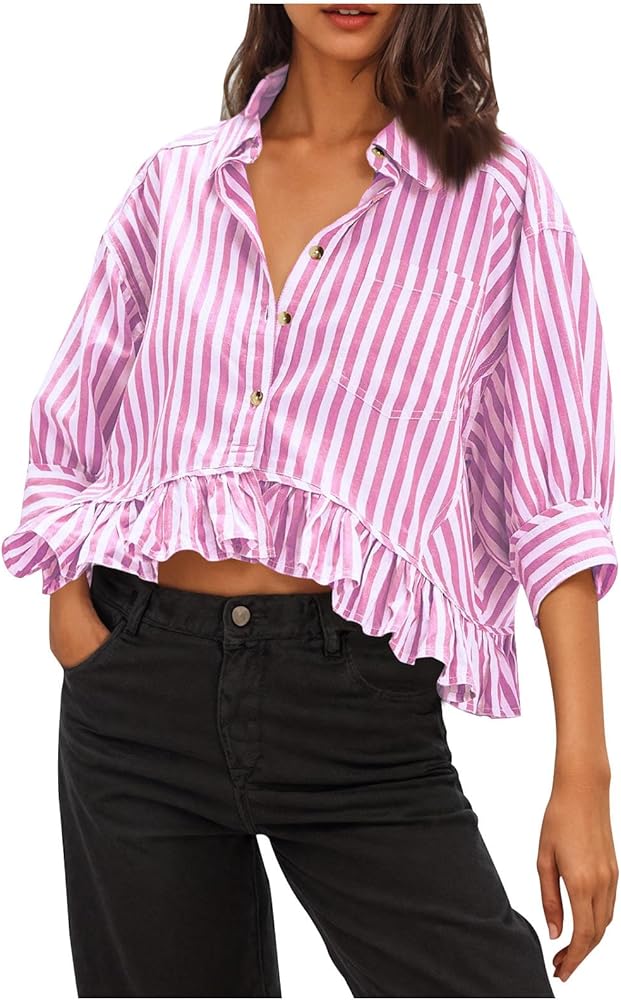 Womens Striped 3/4 Sleeve Blouse Button Down Shirt Cute Peplum
