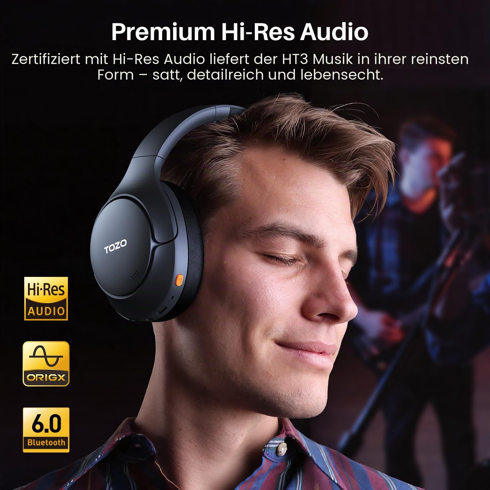 TOZO HT3 Hybrid ANC Over-Ear Kopfhörer Kabellos Bluetooth Hi-Res Audio | 90 Std. Akku, 5 Mikrofone mit KI-ENC, Transparenzmodus, Dual-Geräte-Verbindung, 32 EQ Modi, Spatial Audio, Low-Latency