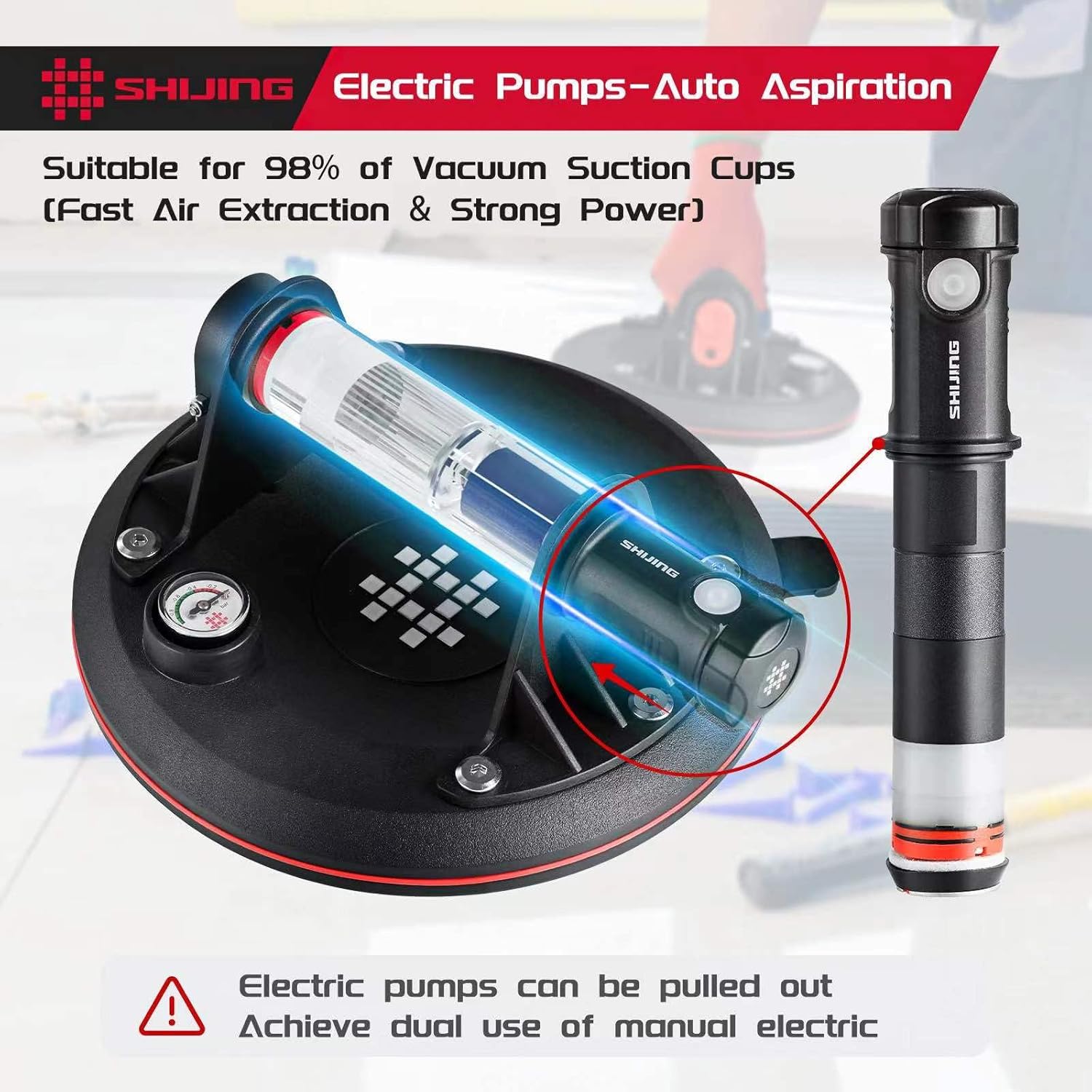 Electric pump being inserted into the suction cup, highlighting its auto aspiration feature.