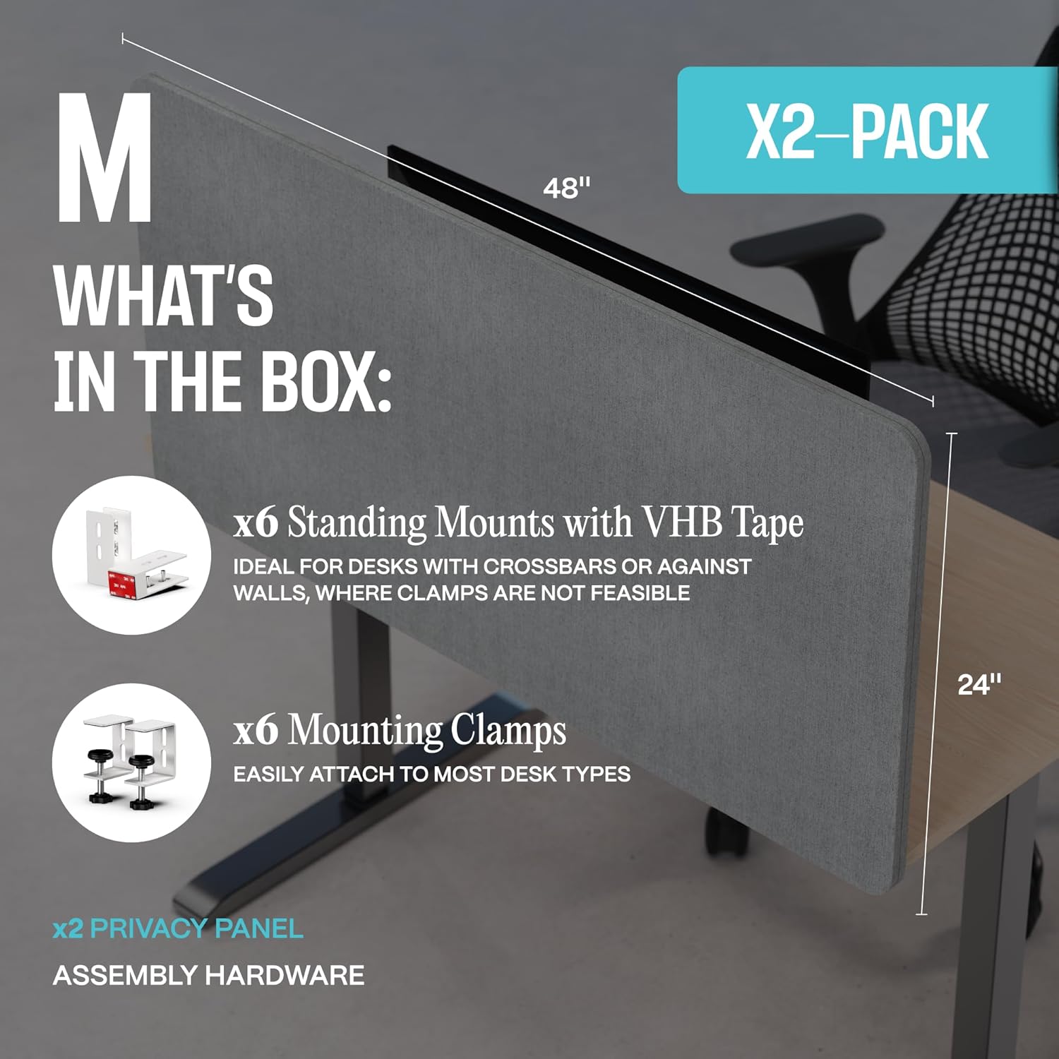 universal desk privacy panel – heavy-duty desk divider & office partition - privacy screen for workspaces & cubicles (2-pack, 48" x 24") 48" x 24" 2