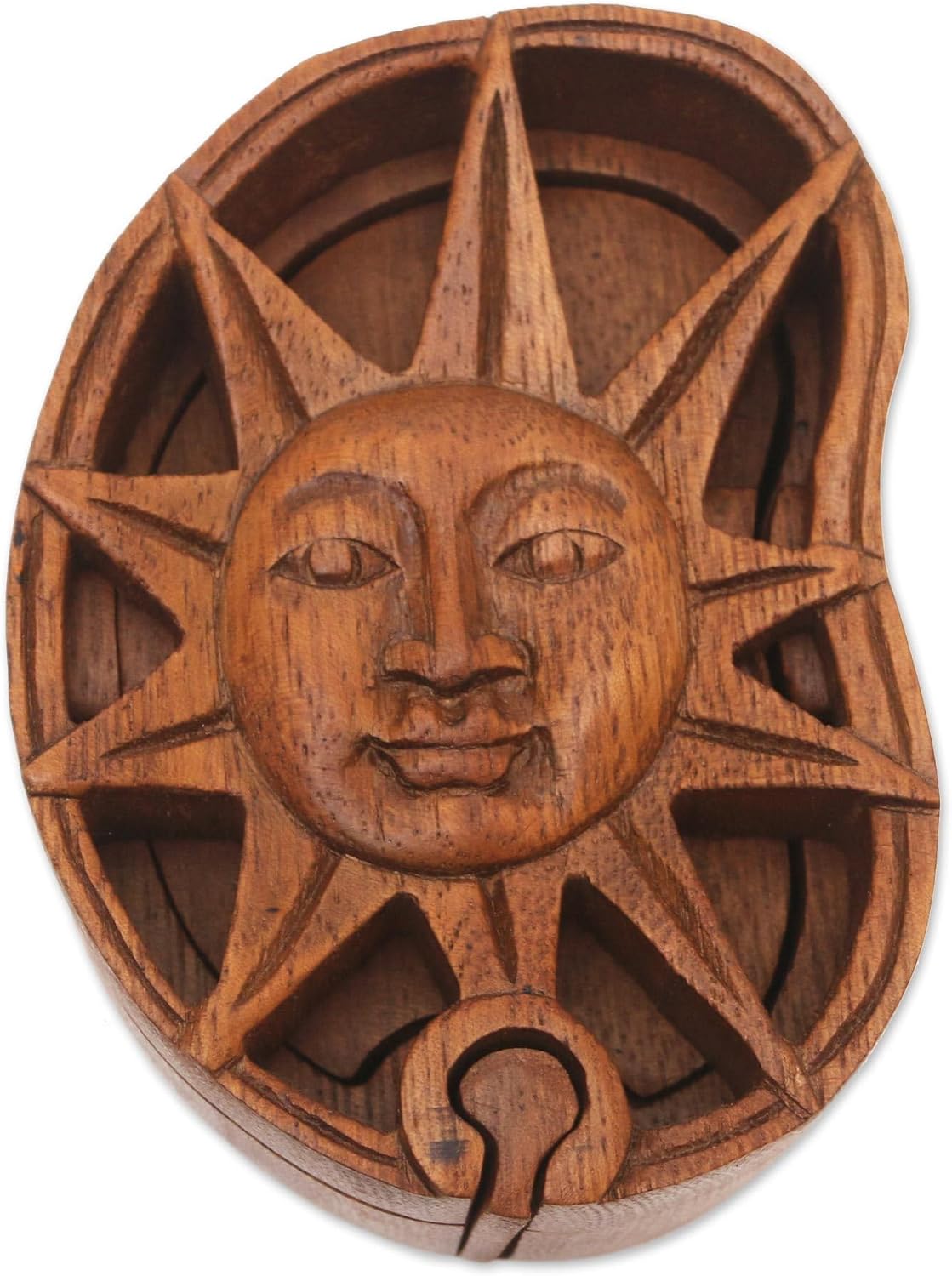 NOVICA Artisan Handmade Wood Puzzle Box Suar with Sun Motif Brown Indonesia Sculpture Moon 'Sun's Treasure'