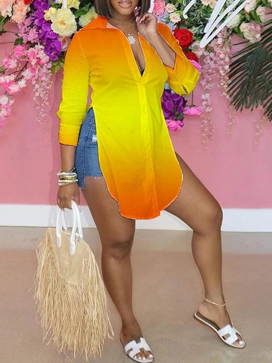 qfmqkpi Women Sexy V Neck Shirts Side Slit Print Long Sleeve Button Down Blouse Tops - Image 2