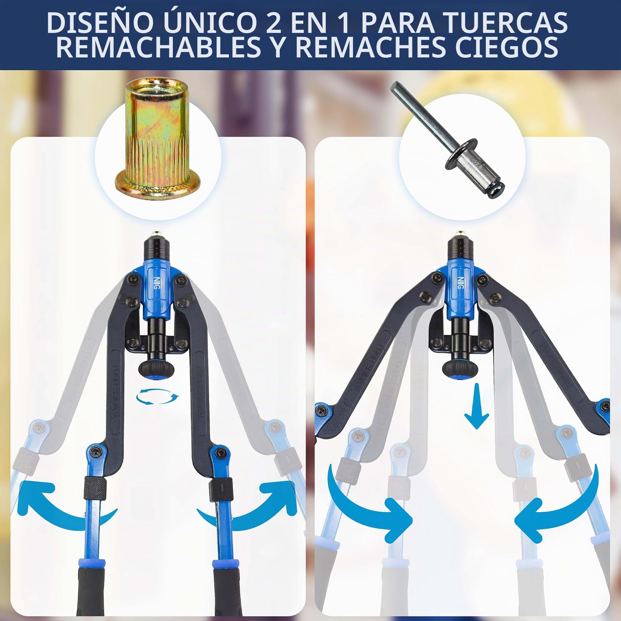 NTG Combi 2 en 1 - Remachadora para remaches ciegos y remachadora ciega, herramienta para remaches ciegos y tuercas de remache, incluye 85 piezas