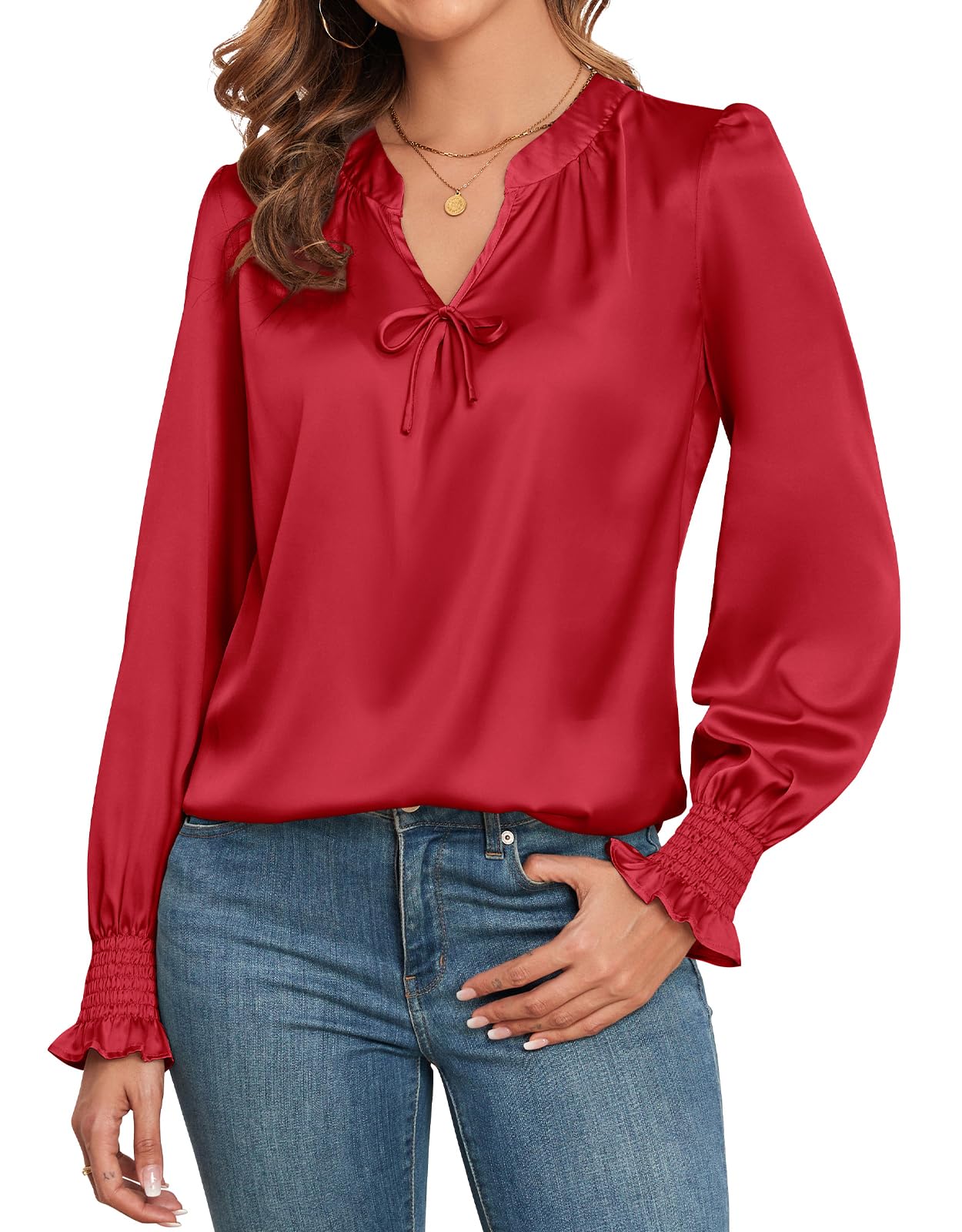 ZAFUL Womens Going Out Satin Tops 2025 Vintage Cute Bow V Neck Silky Blouse Y2K Puff Sleeve Work Shirts
