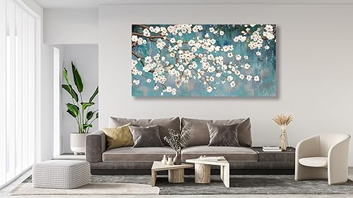 Miniatura 3 de Shoci Arte de pared de árbol de flores, lienzo grande de ramas florales blancas y marrones para sala de estar, pintura rústica, verde azulado,