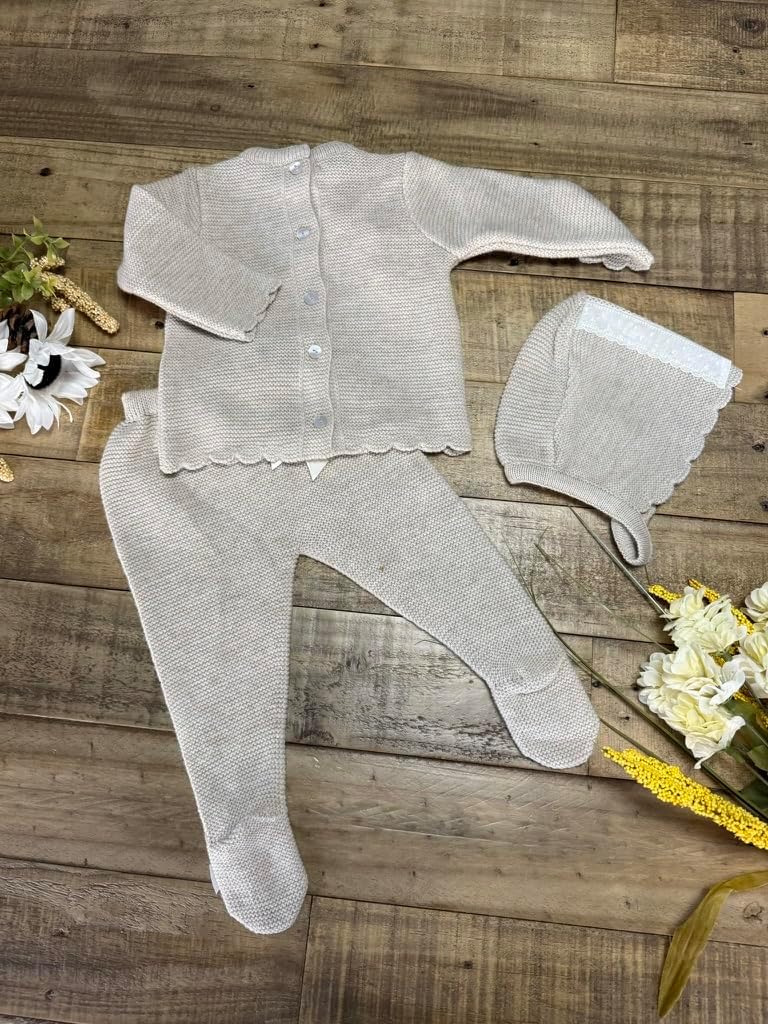Baby Knit Sweater Pants Hat 3-Piece Set Boys Girls Newborn Coming Home - Made in Spain