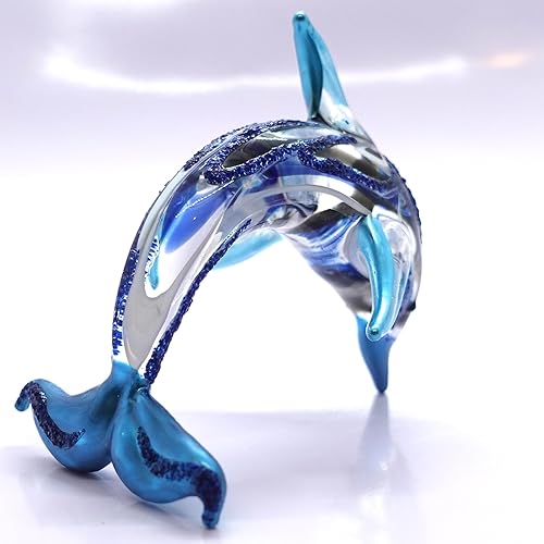 Miniatura 4 de Figuras en miniatura de delfines animales soplados a mano, arte de vidrio, océano, regalo coleccionable, decoración del hogar, 4 pulgadas (azul)