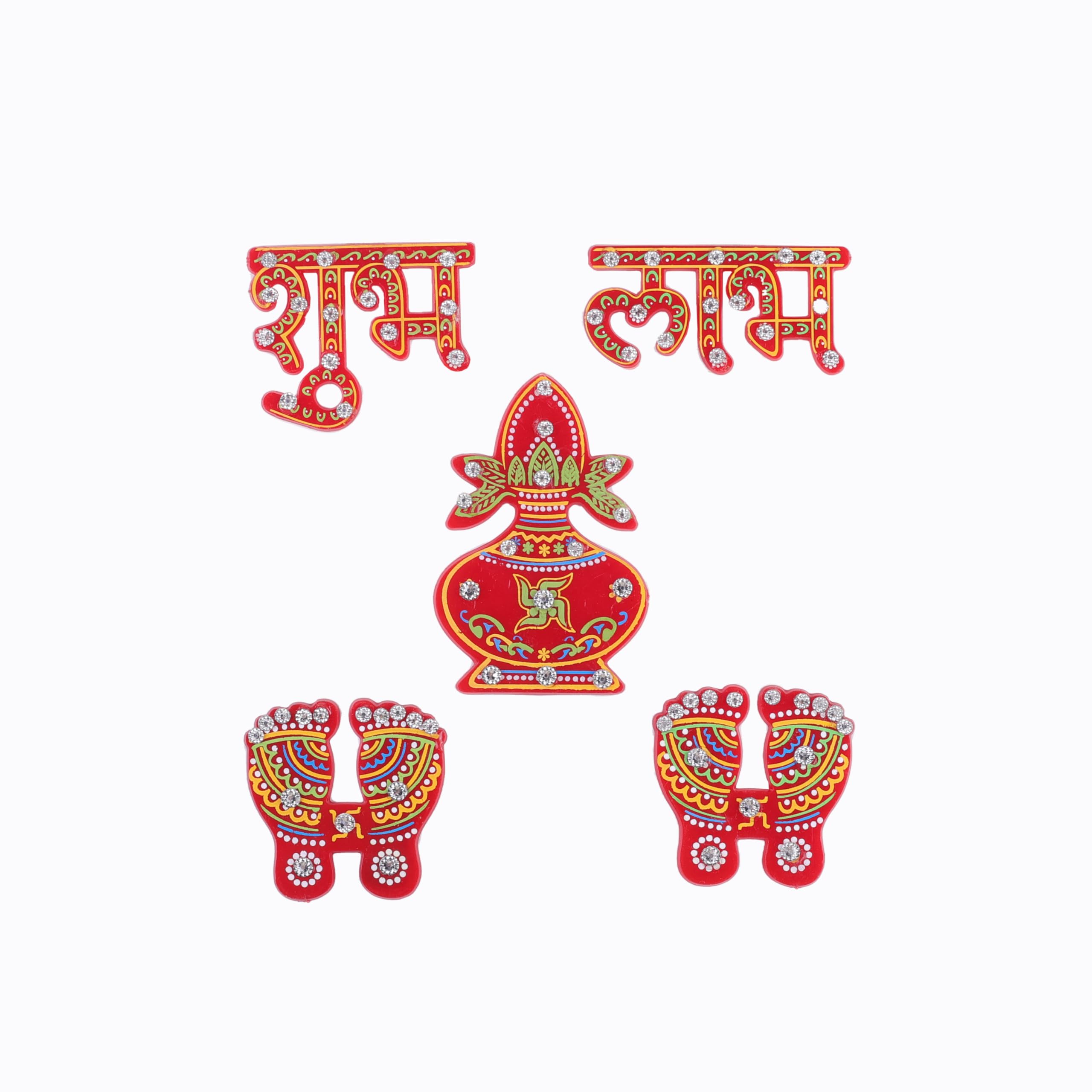 Red Kalash Design Diwali Shubh Labh with Laxmi Charan Paduka Feet Pagala Diwali Door Rangoli Floor Decorations Table Decoration Studded Stones Sequins Traditional Festive Home Door Floor Décor