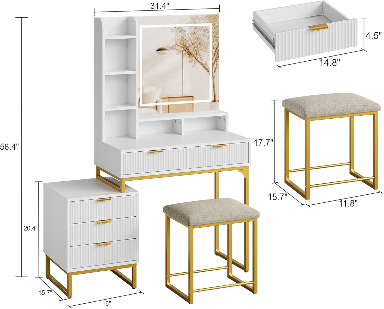 Make Up Vanity Set, Modern Make Up Table with Lighted Mirror, Side Storage Cabinet, White Vanity Desk and Stool, Small Vanity Table with Storage Shelves, Drawers for Bedroom