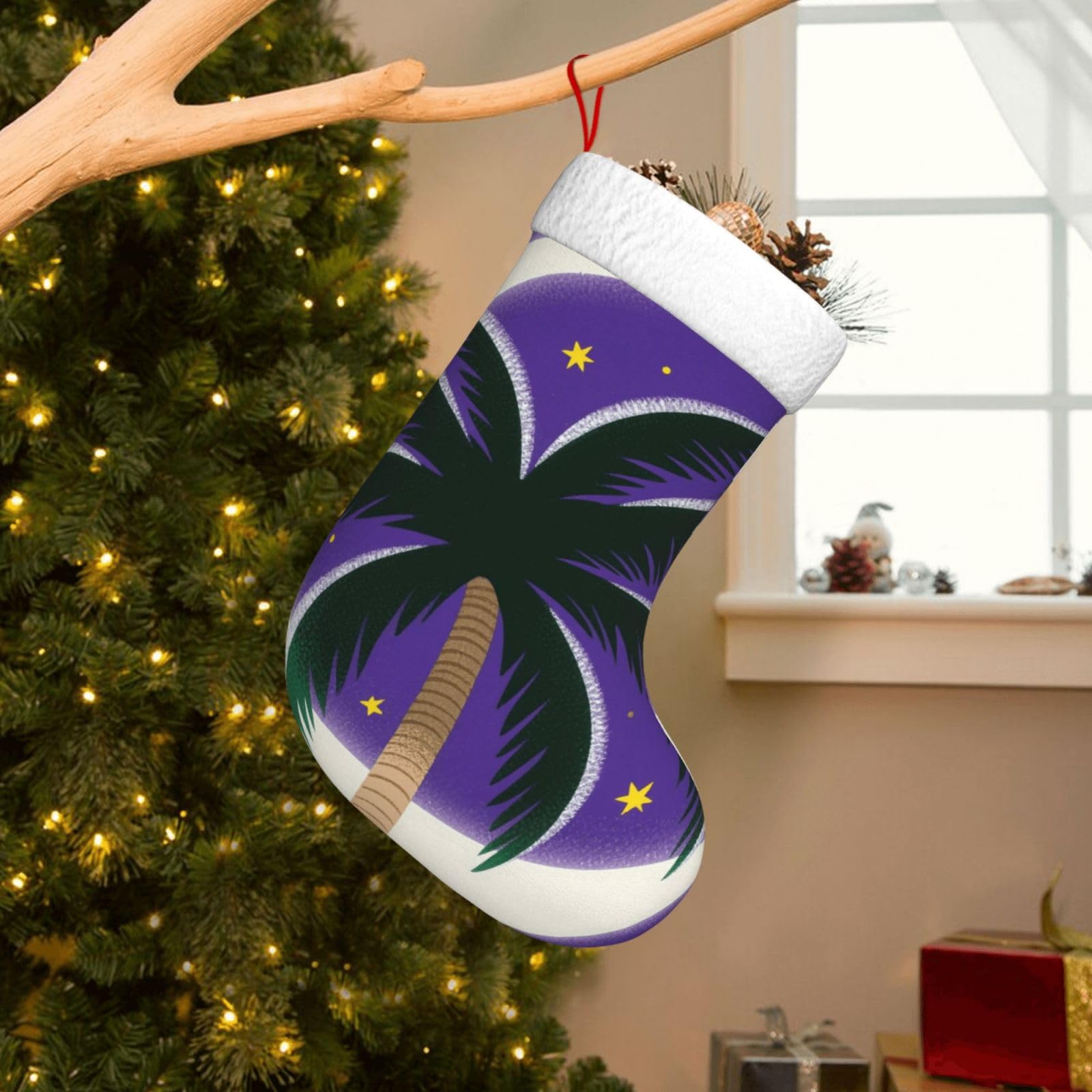 Velvet Christmas Stockings 17.7 Inch, Tropical Palm Tree Xmas Stocking with Soft Cuff,Classic Personalized Christmas Tree Decoration for Family Holiday New Year Party Supplies
