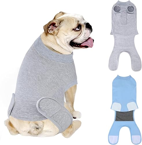 Miniatura 8 de Paquete de 2 unidades de algodón transpirable para perros para recuperación después de esterilización de heridas abdominales, mamelucos