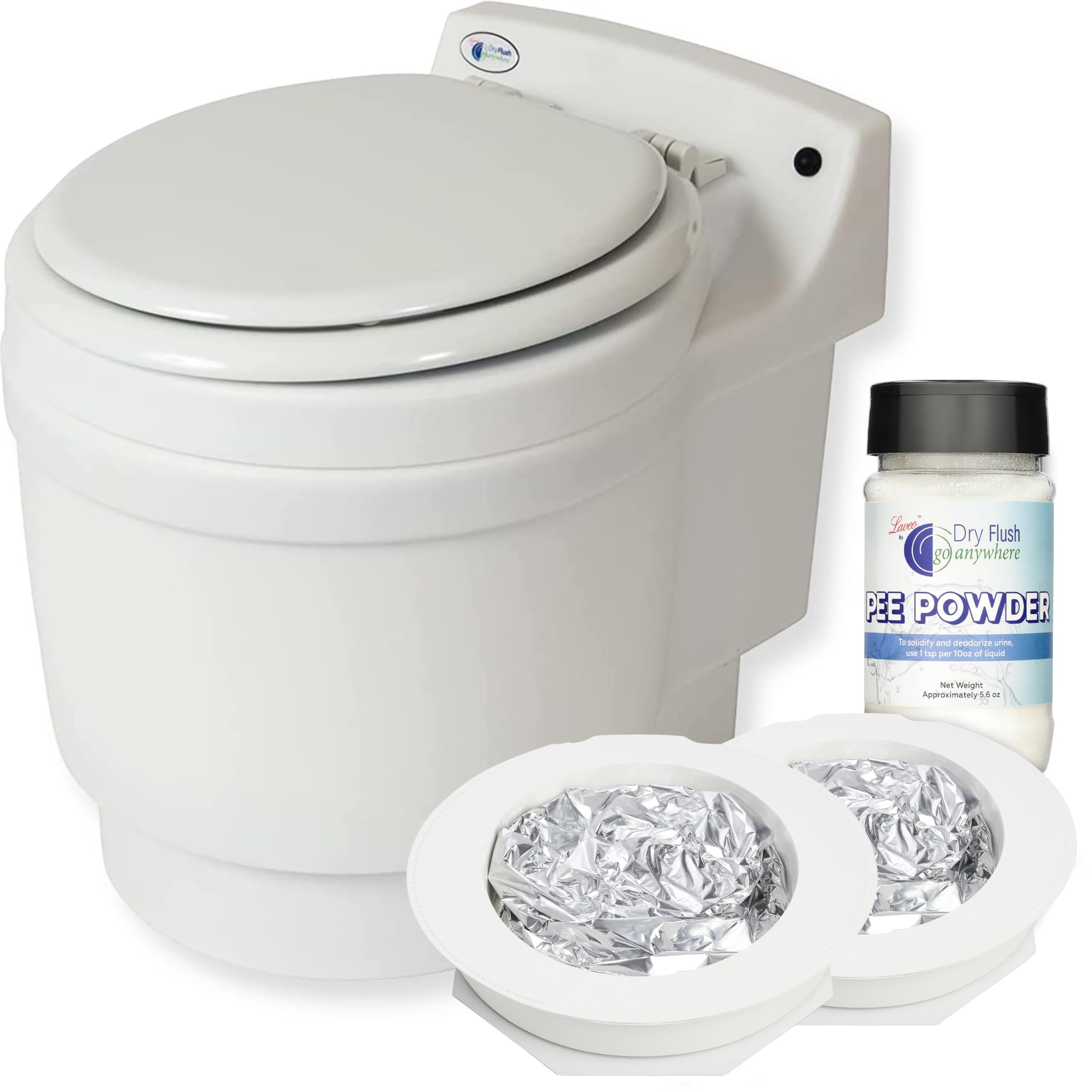 Laveo Dry Flush Toilet - Waterless, Portable, Self Contained and Easier to Use than an Incinerating or Composting Toilet. Great for Tiny Homes, Vans, Boats, Camping, RVs and Off Grid, LDPE, White