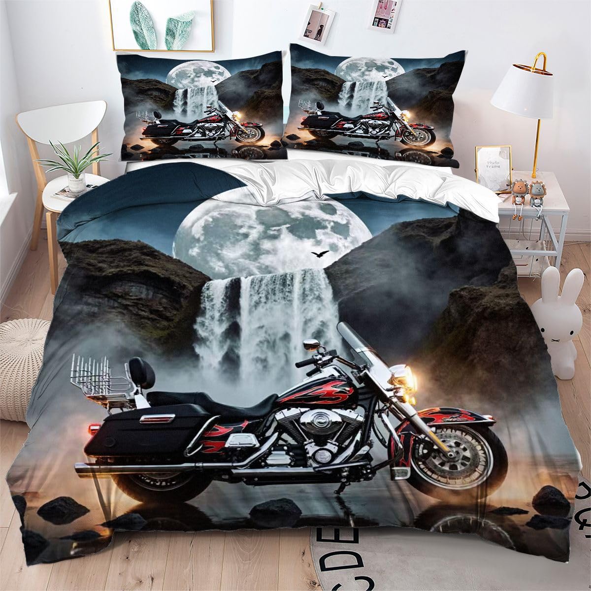 Parure de lit 160x200 Jeune Motard 3D avec housse de couette et taies