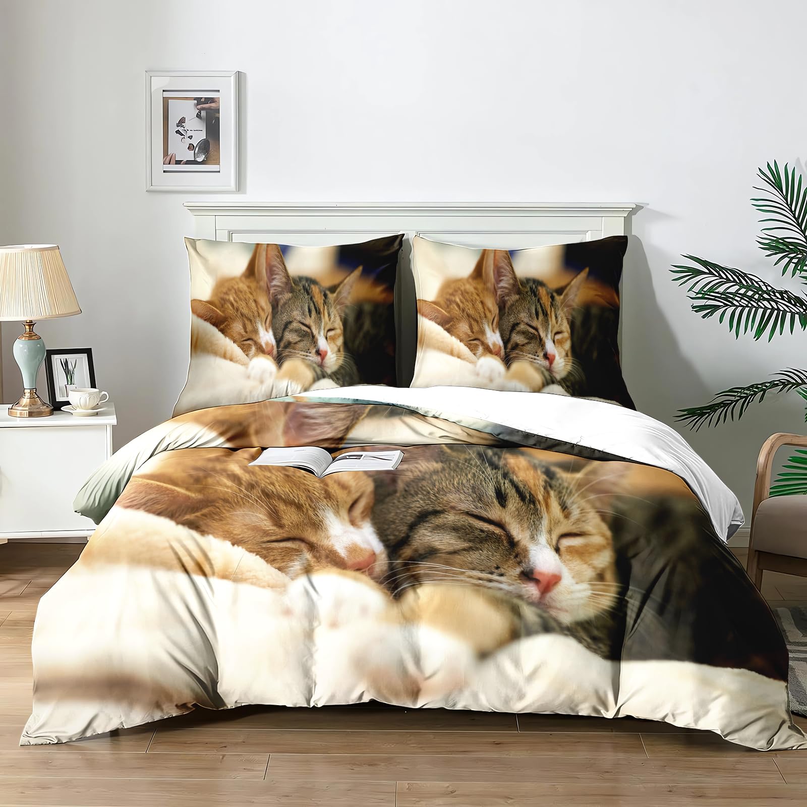 Housse de Couette Chat 200x200 Enfant avec 2 Taies d'Oreiller