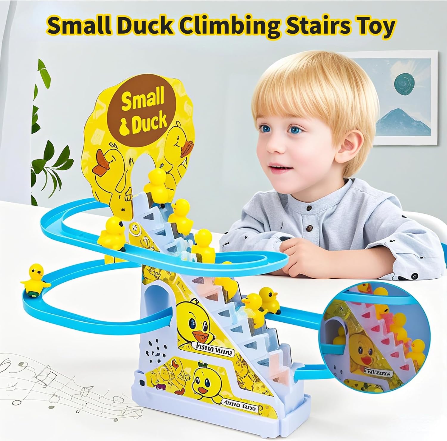 Small Duck Climbing Stairs Toy,Electric Duck Roller Coaster Toy Set,with LED Flashing Lights & Music,Duck Track Slide Toy Gift for Birthday Christmas,Kids Age 3（9Pcs Ducks）