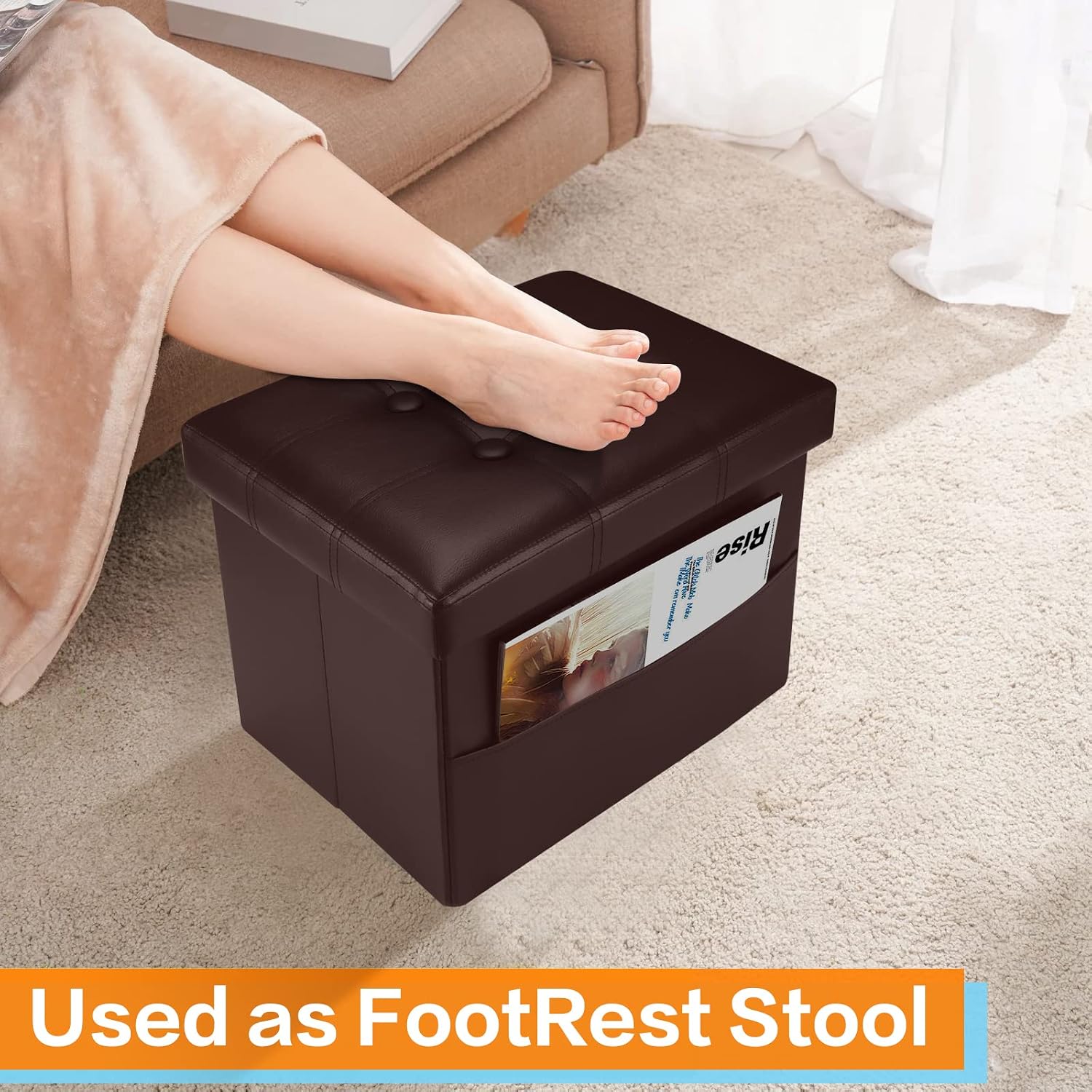 FujDun® Folding Storage Ottoman Foot Rest Footstool with Side Pocket,17 Inch Leather Ottoman Seat for Living Room Bedroom ,Padded with Thick Sponge,17X13X13in Brown