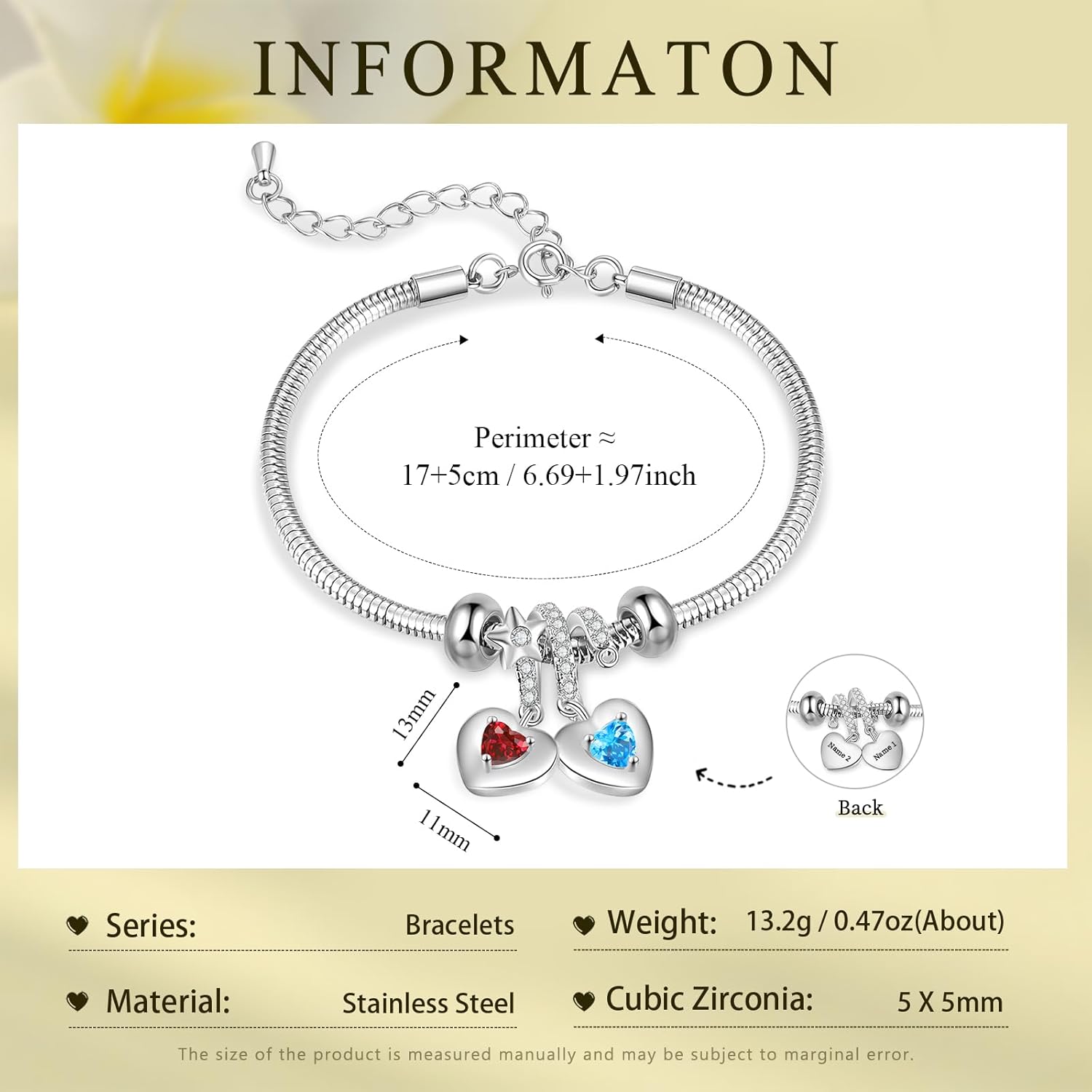 Personalized Gold Bracelet for Women - Engraved 1-6 Names - Personalized Heart Pendant Birthstones Love Bangles - 18K Gold Plated Stainless Steel Link Chain Bracelets Wristband Jewelry for Women