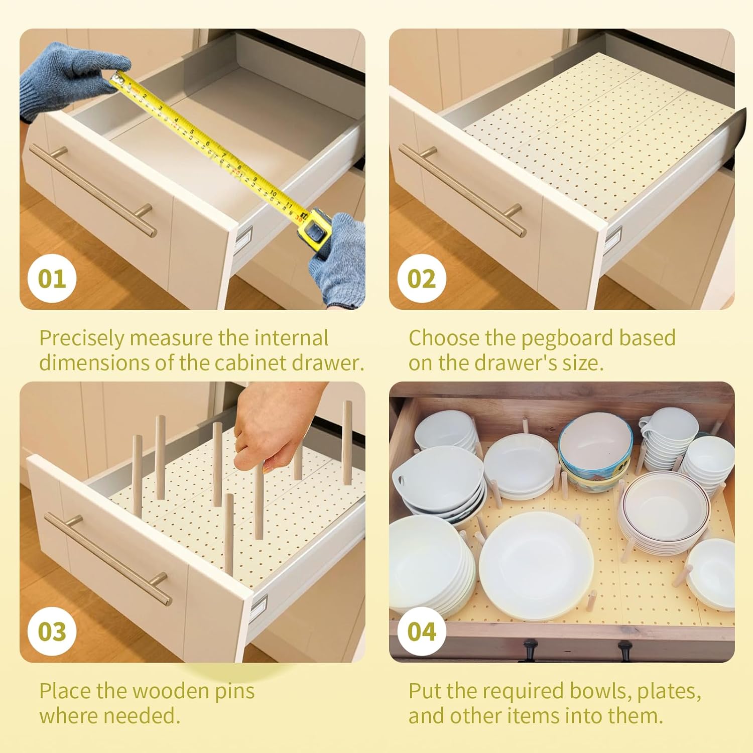 8 Pcs Wood Pegboard Drawer Organizer with 80 Pcs Pegs Wooden Peg Shelf Organizer Adjustable Drawer Peg System for Dishes Plate Pot Cookware Utensil Kitchen (17 x 5.91 in)