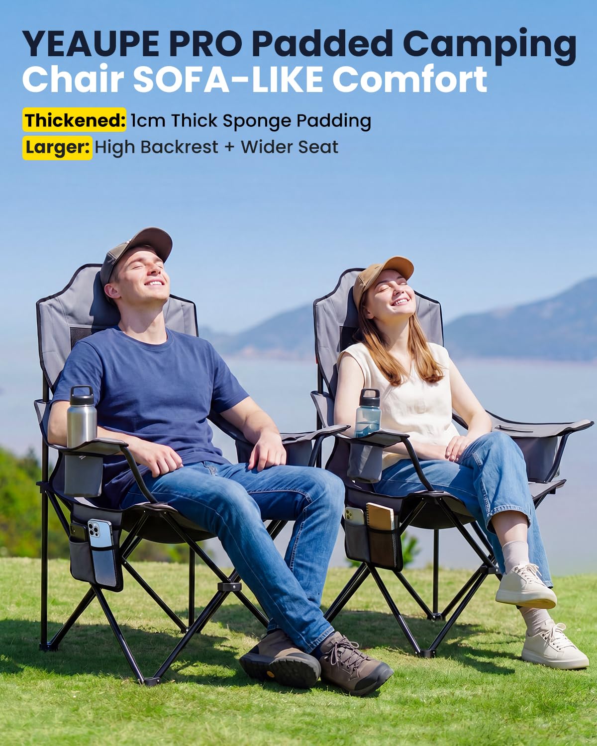 YEAUPE PRO Campingstuhl Faltbar Bequem Gepolster 2er Set, 150 KG Belastbar | Luxus Camping Stuhl mit Hochlehner, Breiter Sitz | Angelstuhl, Karpfenstuhl, Klappstuhl Camping Chair, XL